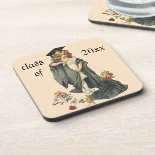 Vintage Graduation, Girl Wearing a Cap and Gown Coaster