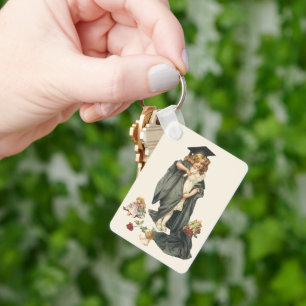 Vintage Graduation, Girl Wearing a Cap and Gown Key Ring