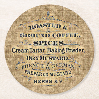 Vintage Grain Sack Style Grocery Store Sign Burlap Round Paper Coaster