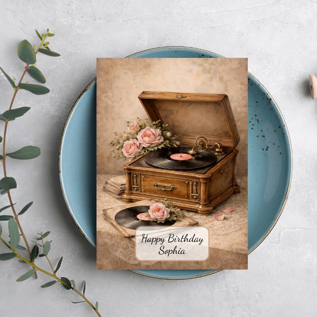 Vintage Gramophone with Roses Card (Creator Uploaded)