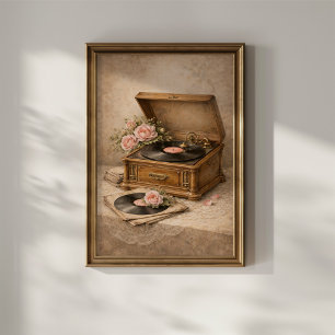 Vintage Gramophone with Roses Poster