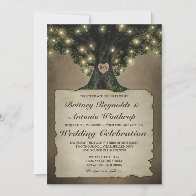 Vintage Grandfather Oak Tree Wedding Invitations (Front)