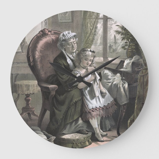 Vintage Grandma Teaching Kitting to Granddaughter Large Clock (Front)