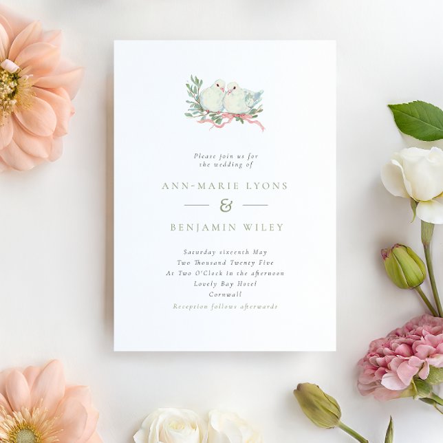 Vintage Grandmillenial Love Birds & Bow Wedding Invitation (Creator Uploaded)