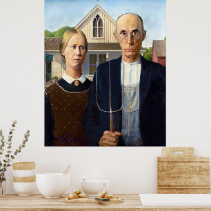 Vintage Grant Wood American Gothic Farmer Fine Art Poster