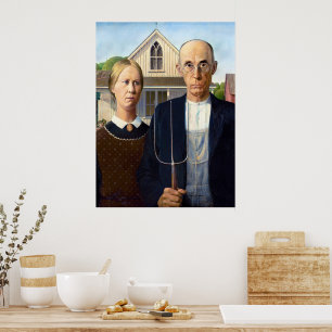 Vintage Grant Wood American Gothic Farmer Fine Art Poster