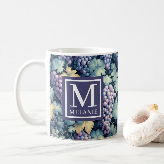 Vintage Grape Pattern Monogram and Name Coffee Mug (With Donut)