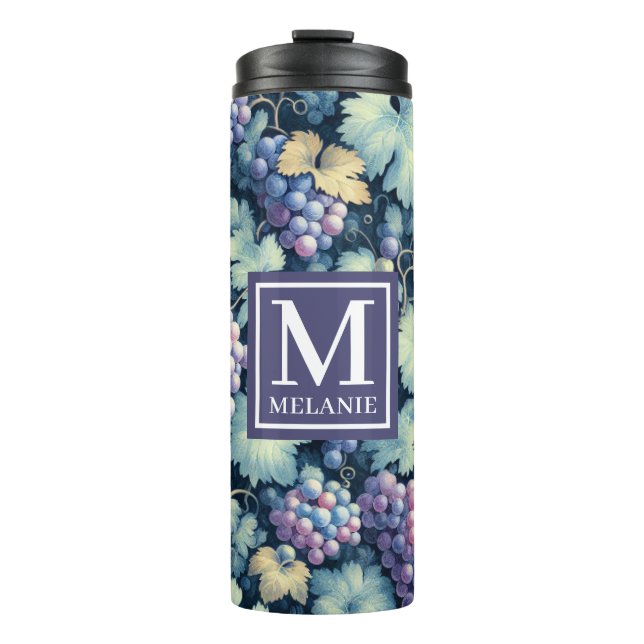 Vintage Grape Pattern Monogram and Name Thermal Tumbler (Front)