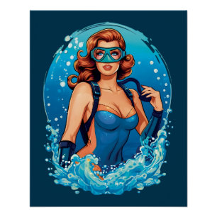 Vintage Graphic Design Female Scuba Diver Poster