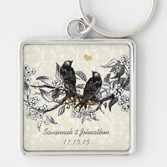 Vintage Gray Birds Hand Drawn Blooms Key Chain (Front)