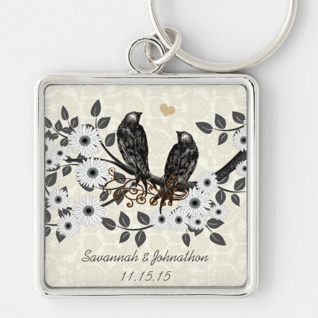 Vintage Gray Birds White Daisy Wedding Key Chain (Front)