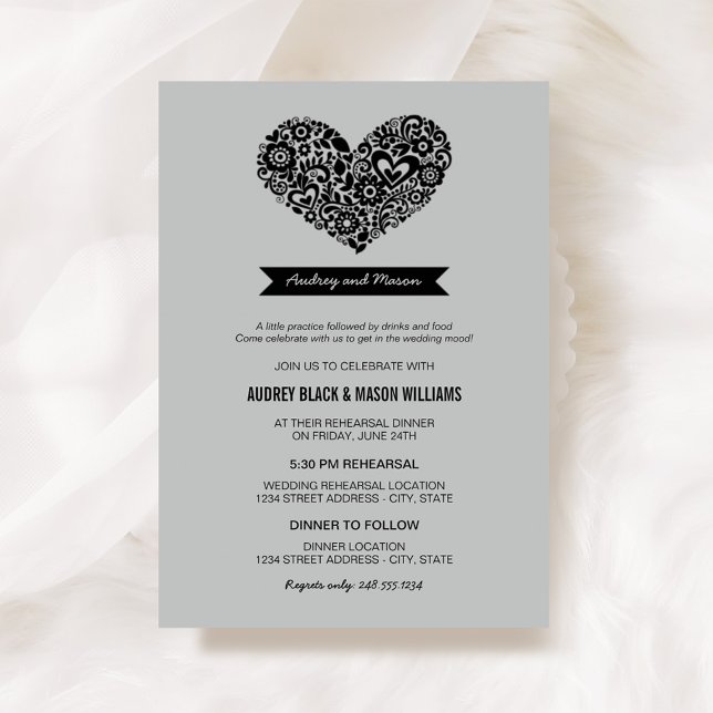 Vintage Gray Black Heart Wedding Rehearsal Dinner Invitation (Creator Uploaded)