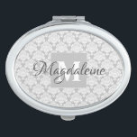 Vintage Gray & White Damask Lacy Monogram & Name Compact Mirror<br><div class="desc">This elegant vintage compact mirror features a classic white damask pattern over a gray background. The design includes a monogram initial letter and name giving it a simple yet elegant style which is both classic and feminine. Perfect gift for any girl or woman on the go. Great for checking your...</div>