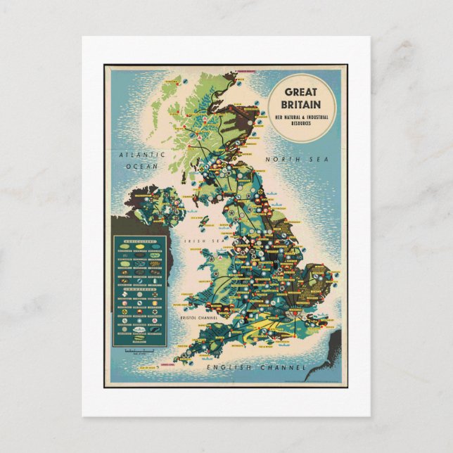 Vintage Great Britain Resources Map Holiday Postcard (Front)