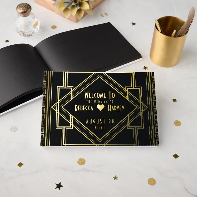 Vintage Great Gatsby Art Deco Wedding Gold Foil Guest Book (Front Open)