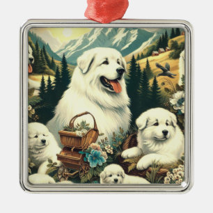 Vintage Great Pyrenees Dog Illustration Metal Ornament