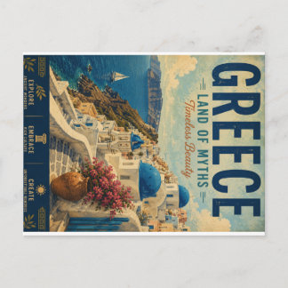 Vintage Greece Travel Poster with Coastal Town and Holiday Postcard