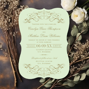Vintage Green and Antique Gold Flourish Wedding Invitation