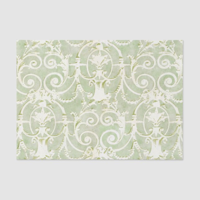 Vintage Green and Beige Damask Pattern Tissue Paper (Front)
