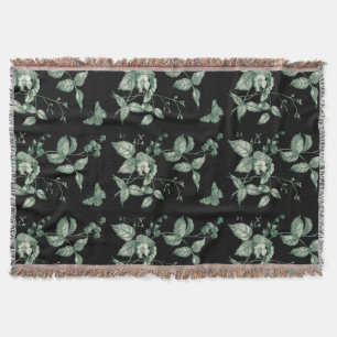 Vintage Green and Black Flowers and Butterfly Throw Blanket