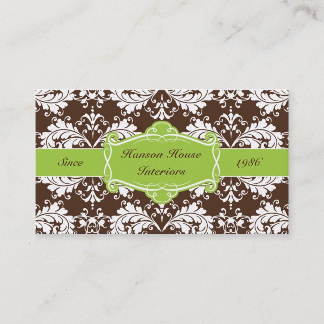 Vintage Green and Brown Damask Business Card (Front)