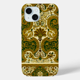 Vintage Green and Gold Floral Pattern iPhone 15 Case