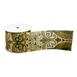 Vintage Green and Gold Floral Pattern Satin Ribbon