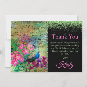 Vintage Green and Pink Peacock Birthday Thank You Card