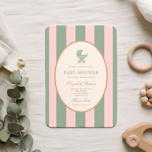 Vintage Green and Pink Striped Baby Shower   Invitation