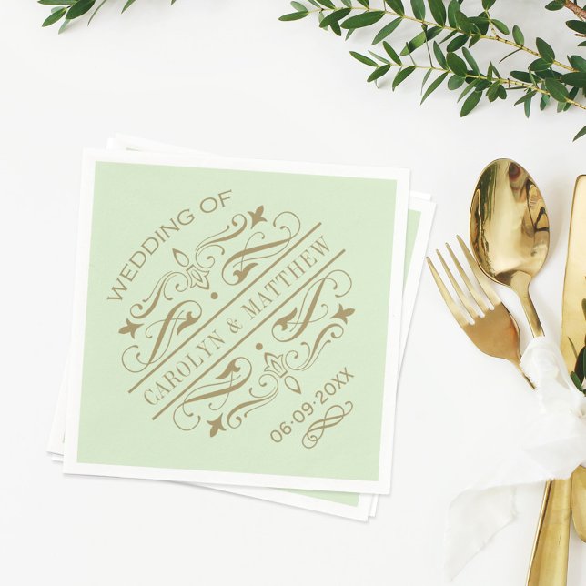 Vintage Green Antique Flourish Wedding Monogram Napkin (Creator Uploaded)