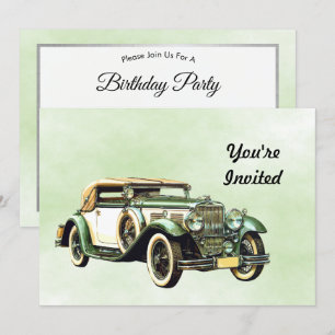Vintage Green Auto Watercolor Birthday Invitation