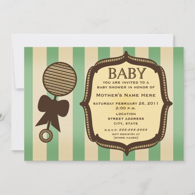Vintage Green Baby Shower Rattle & Stripes Invitation (Front)