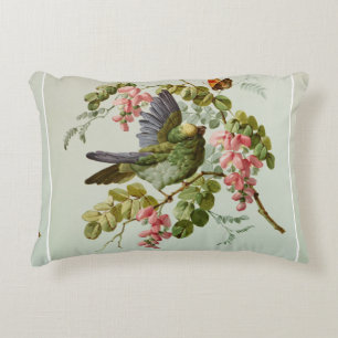 Vintage Green Bird and Pink Flowers Decorative Cushion