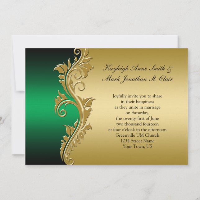 Vintage Green Black and Gold Wedding Invitation (Front)