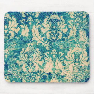 VIntage Green Blue Floral Damask Mouse Pad