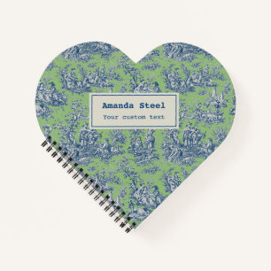 Vintage Green Blue French Toile de Jouy Heart Notebook