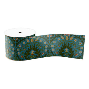 Vintage Green Blue William Morris Autumn Flowers Grosgrain Ribbon