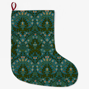 Vintage Green Blue William Morris Autumn Flowers Large Christmas Stocking