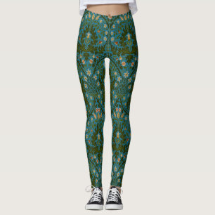 Vintage Green Blue William Morris Autumn Flowers Leggings