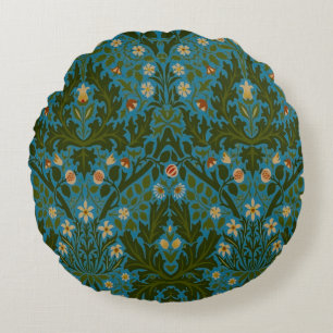Vintage Green Blue William Morris Autumn Flowers Round Cushion