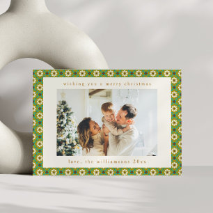 Vintage Green Boho Floral Custom 2 Photo Christmas Holiday Card