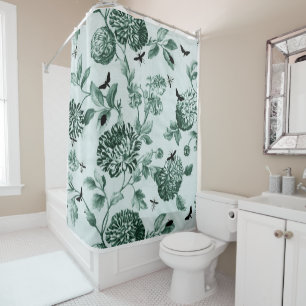 Vintage Green Botanical & Bugs Floral Toile Shower Curtain