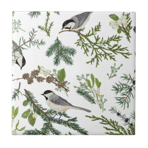 Vintage Green Botanical Chickadee Art Nouveau Ceramic Tile
