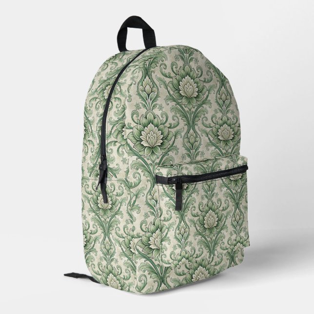 Vintage green botanical pattern printed backpack (Back Corner Left)