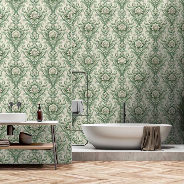Vintage green botanical pattern wallpaper (Bathroom)