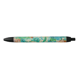 Vintage Green Botanical Summer Garden Rose Flowers Black Ink Pen