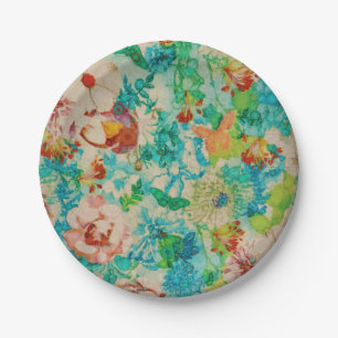 Vintage Green Botanical Summer Garden Rose Flowers Paper Plate