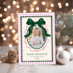 Vintage Green Bow Pink Plaid Christmas Photo Holiday Card