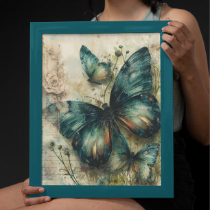 Vintage Green Butterflies Poster