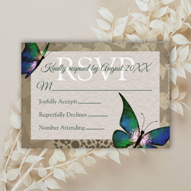Vintage Green Butterfly Quinceañera RSVP Card (vintage beige and green quinceanera rsvp card, green quince response reply card)